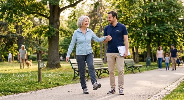 Coach sportif à domicile accompagnant un senior sur des exercices d'équilibre et de mobilité
