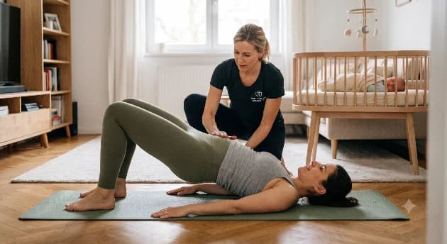Coach sportive à domicile guidant une jeune maman lors d'une séance post-partum douce dans son salon